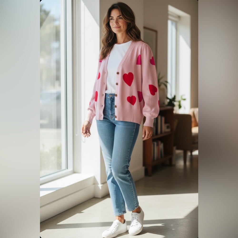 💕 Pink Heart Patterned Women's Button-Up Sweater - size XL - Picture 2 of 16